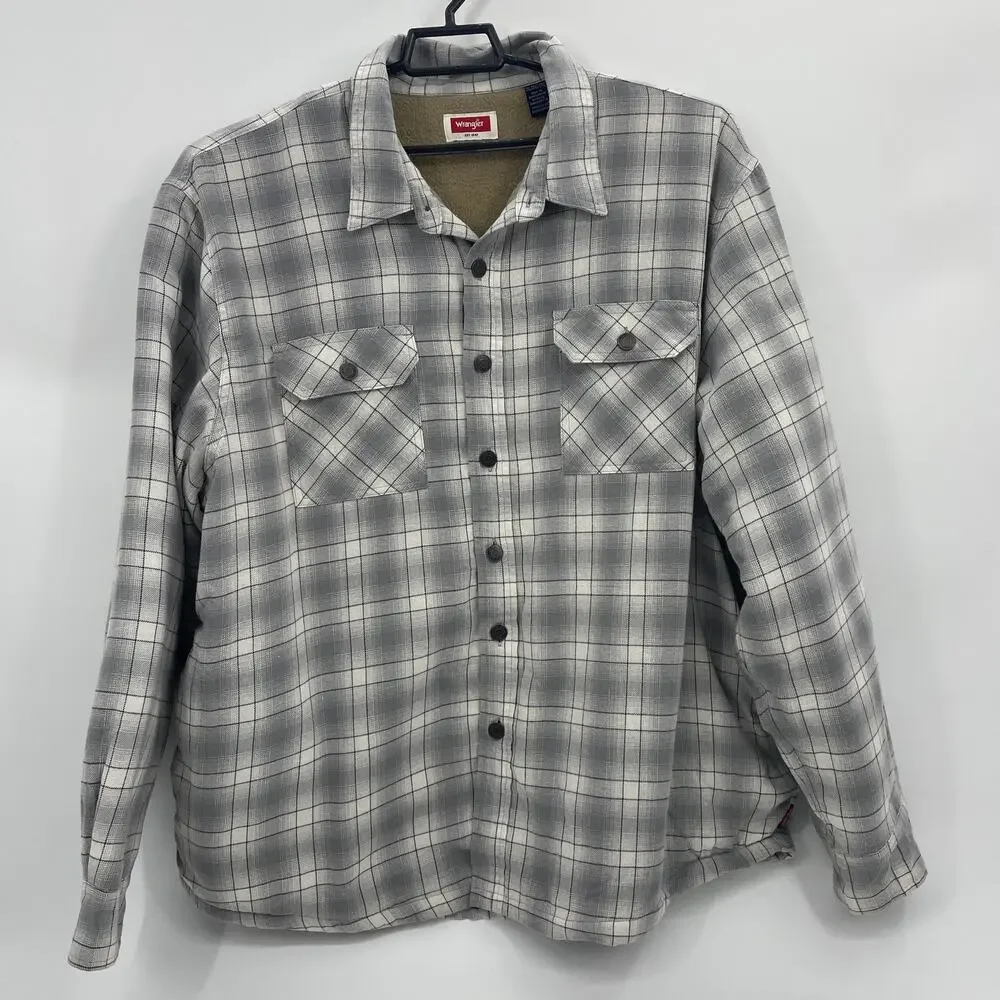 WRANGLER Mens Fleece Lined Shacket Size 2X Plaid Long Sleeve Button Front Grey